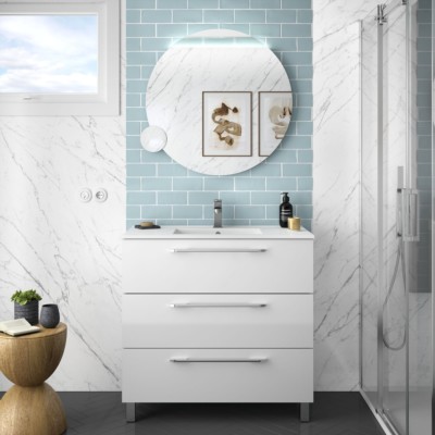 Mueble de baño FUSSION CHROME 900 3 cajones BLANCO BRILLO 897 x 868 x 450 mm