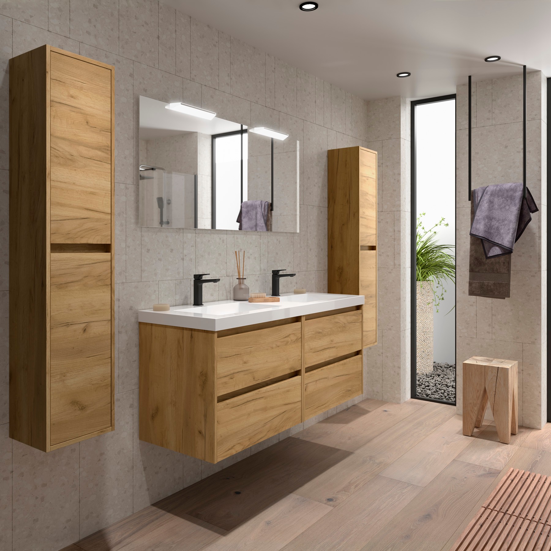 Mobile Bagno Sospento 4 Ante In Rovere Naturale Con Top Bianco, 2 Lavabi E Specchio Led - Valentina - Foto 11