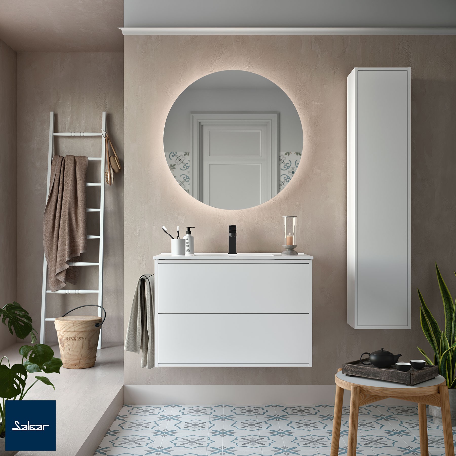 mueble de baño OPTIMUS 800 BLANCO + Lavabo + Espejo redondo con luz