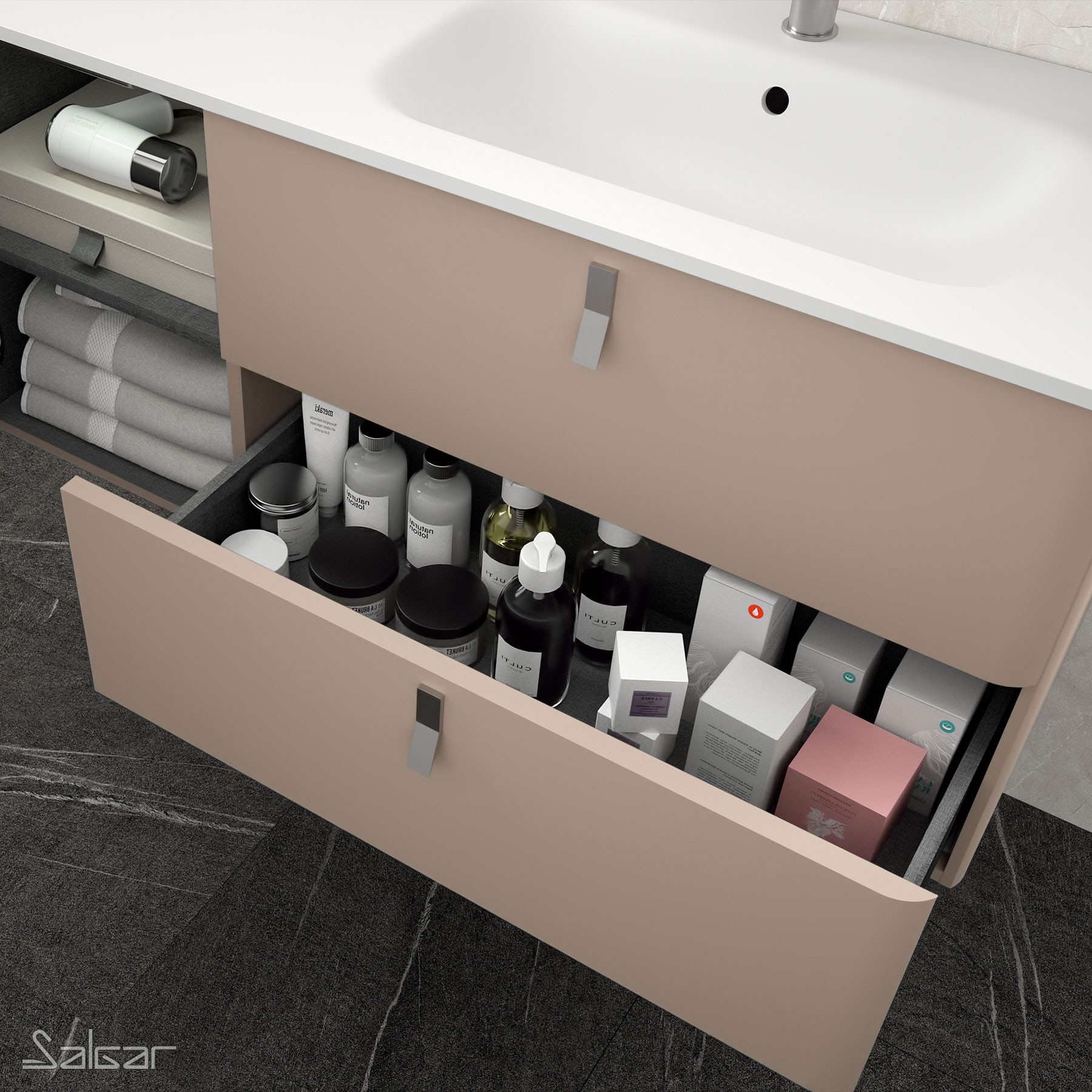 Móvel UNIIQ 1200 MACCHIATO esquerdo 1 porta e 2 gavetas com soft close 1194 x 540 x 450 mm