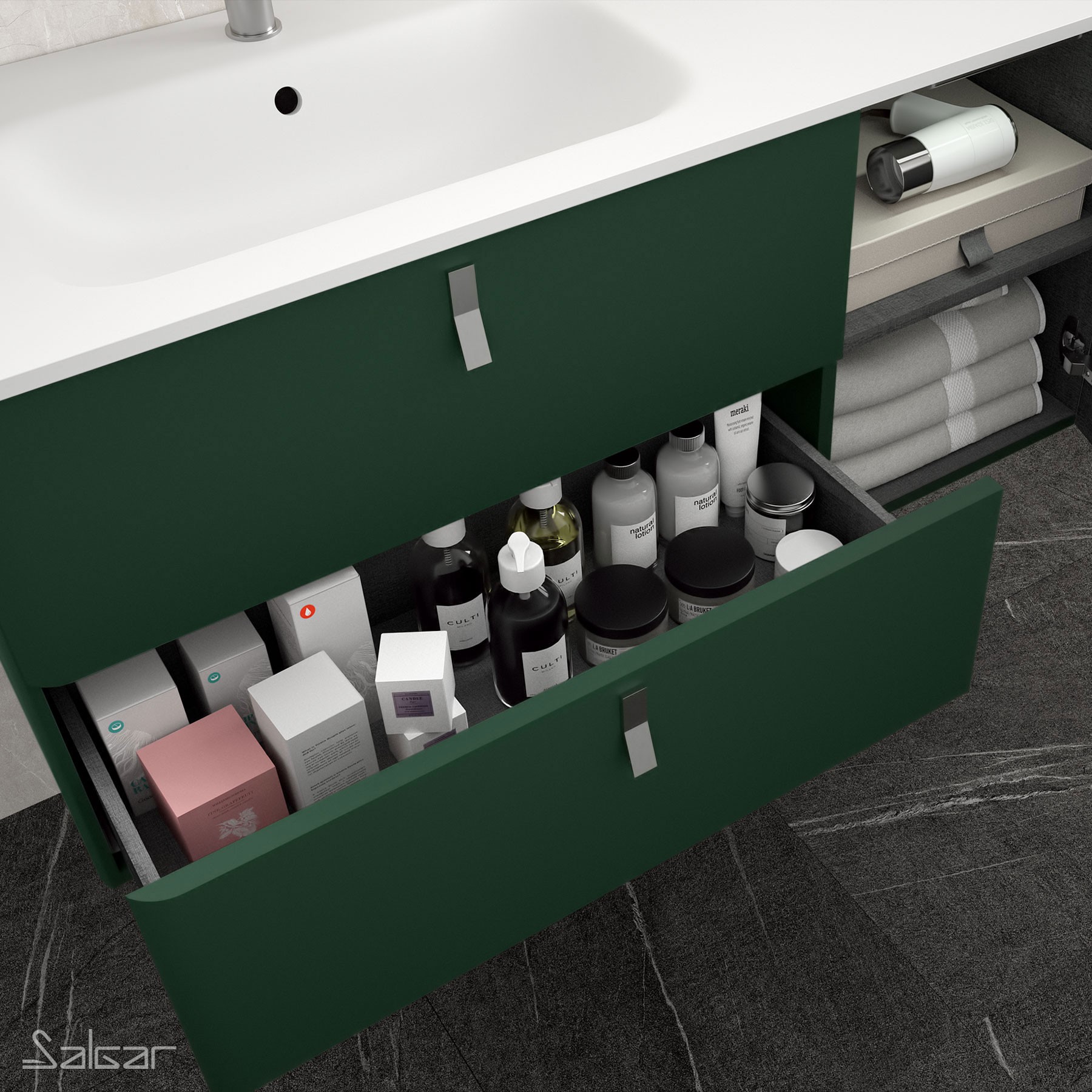 Móvel UNIIQ 1200 ROYAL GREEN direito 1 porta e 2 gavetas com soft close 1194 x 540 x 450 mm