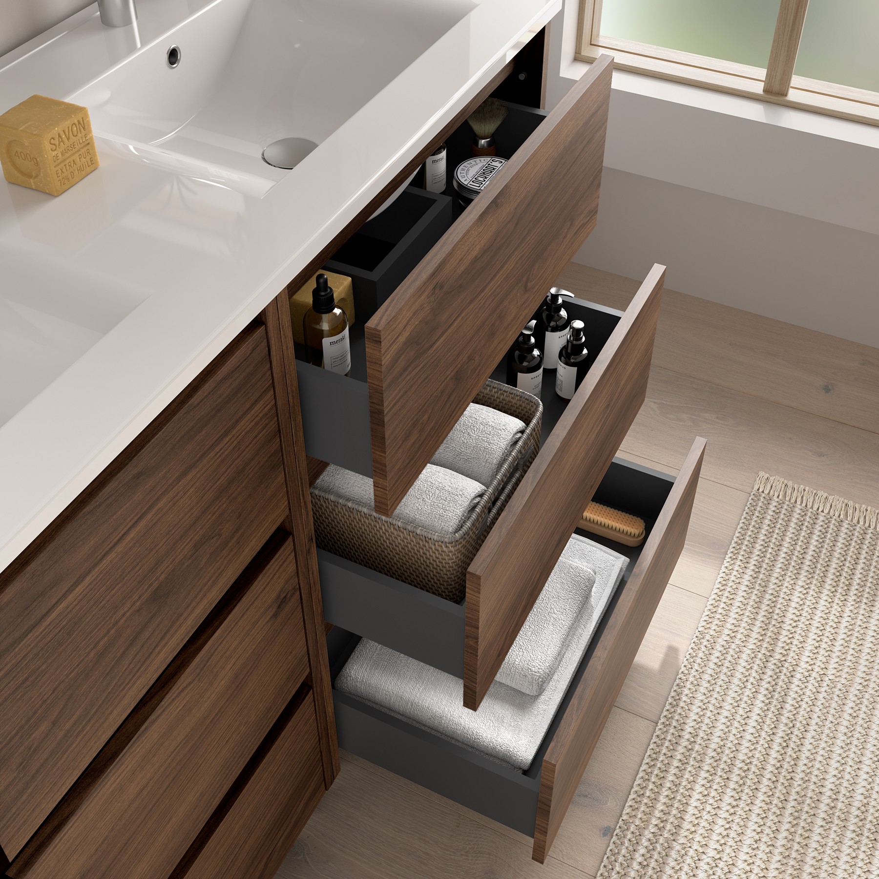 Arredo bagno NOJA 1000 3 cassetti NOCE MAYA + Lavabo + Specchio + Applique