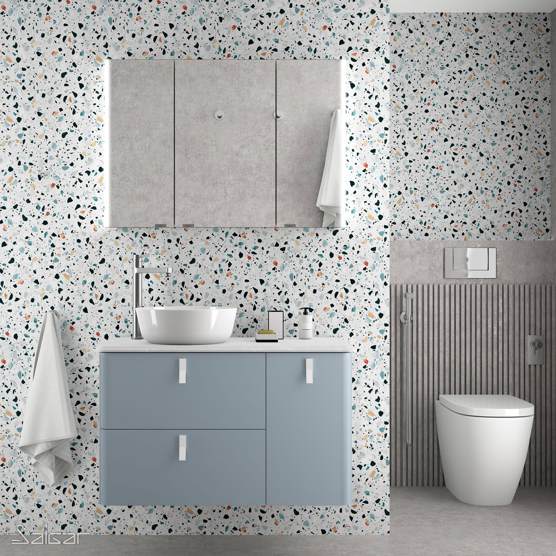 Móvel UNIIQ 1200 BLUE FOG direito 1 porta e 2 gavetas com soft close 1194 x 540 x 450 mm