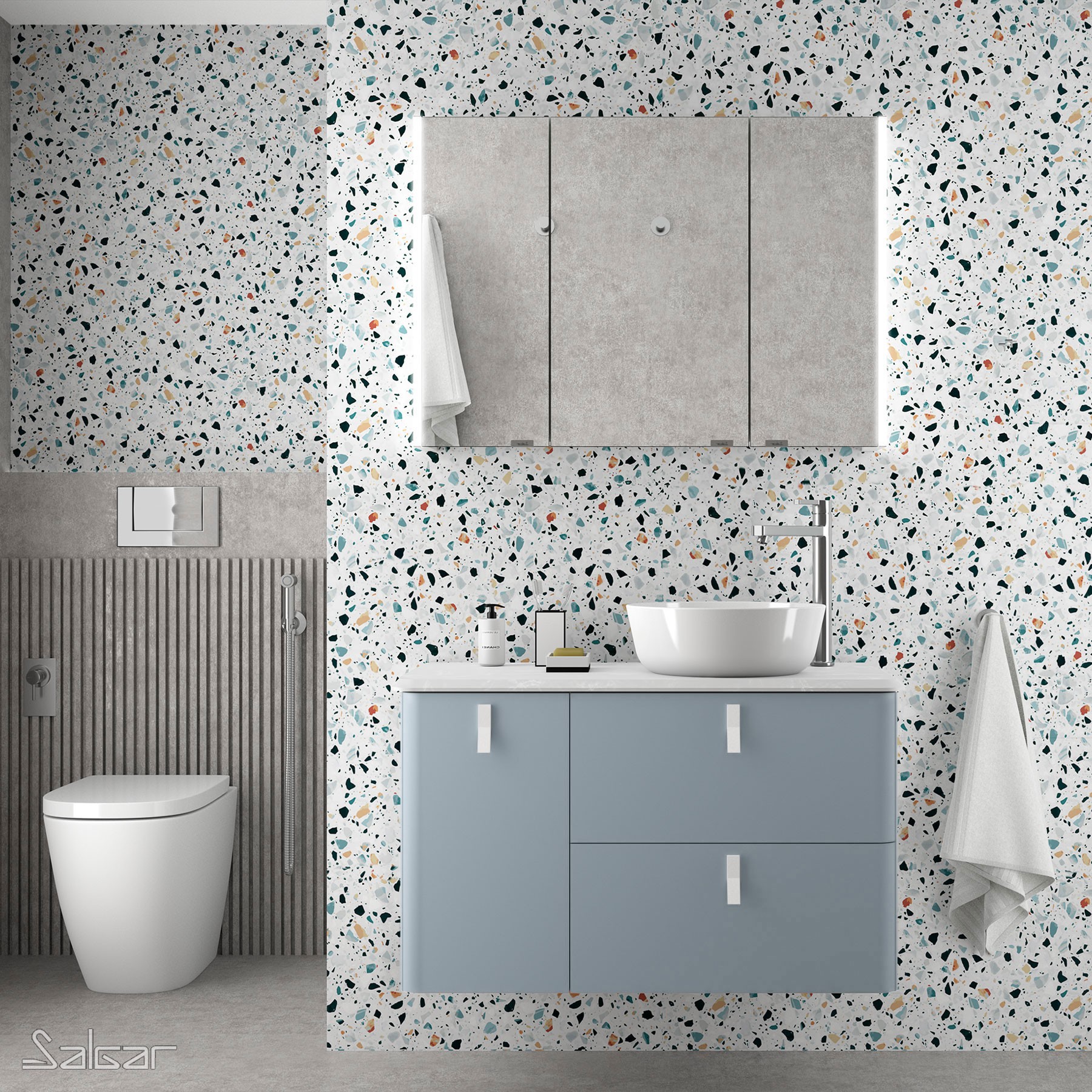 Móvel UNIIQ 1200 BLUE FOG esquerdo 1 porta e 2 gavetas com soft close 1194 x 540 x 450 mm