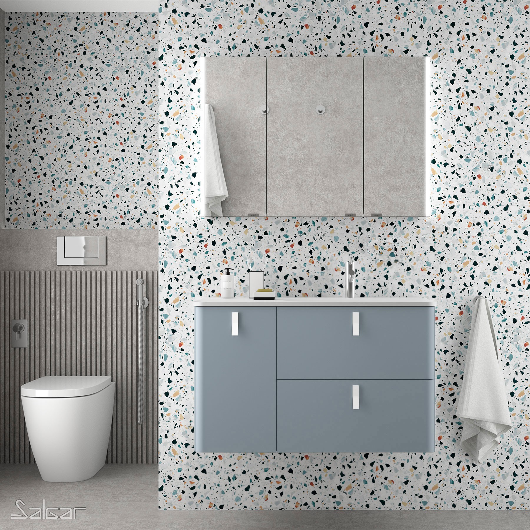 Móvel UNIIQ 1200 BLUE FOG esquerdo 1 porta e 2 gavetas com soft close 1194 x 540 x 450 mm