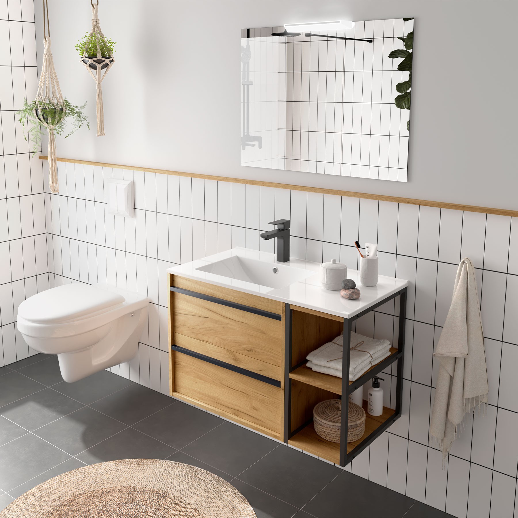 Ensemble 4 Meubles Salle De Bain + Miroir Anthracite Et Blanc Orie 88870338