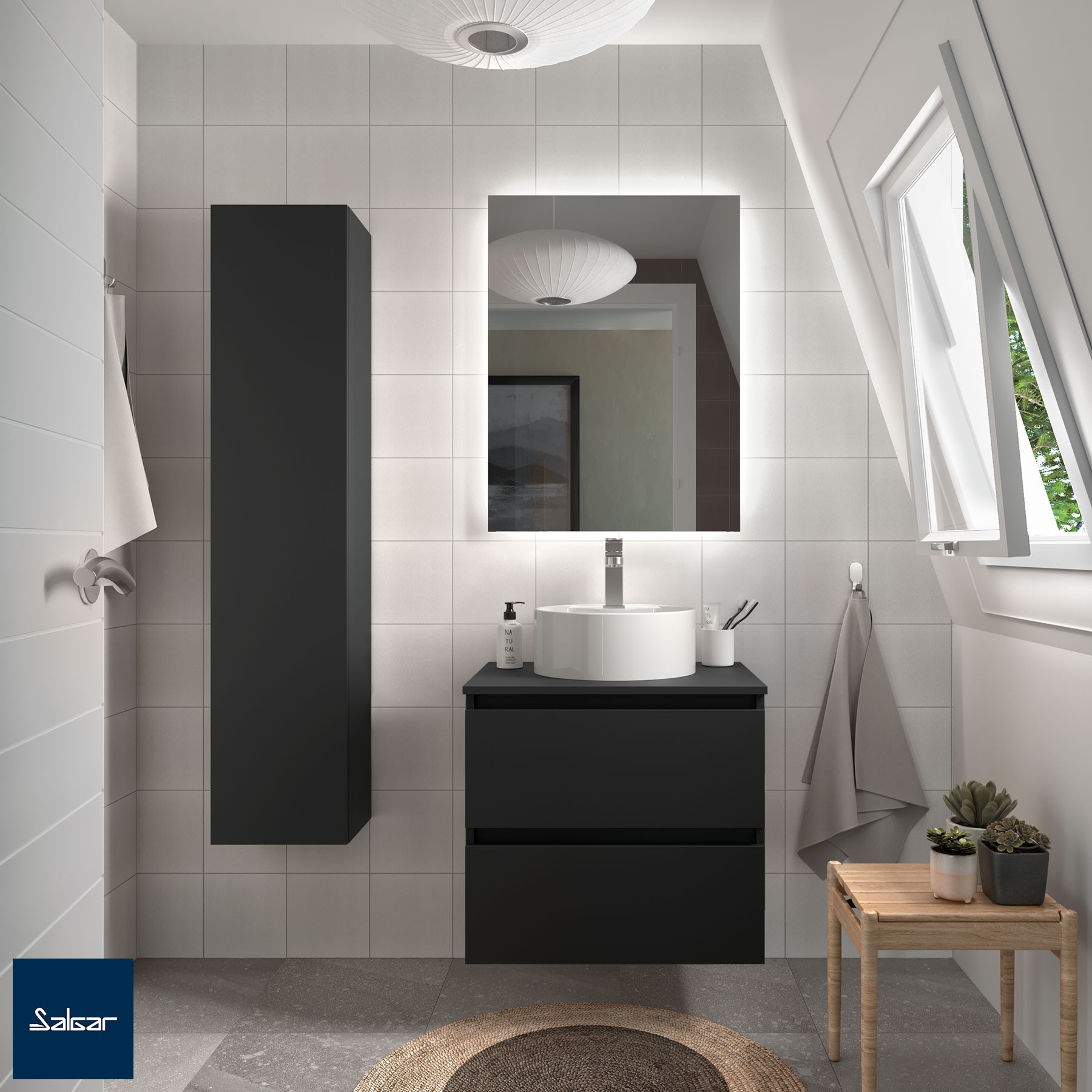 Conjunto mueble de baño BEQUIA 700 NEGRO MATE Lavabo de posar LISBOA