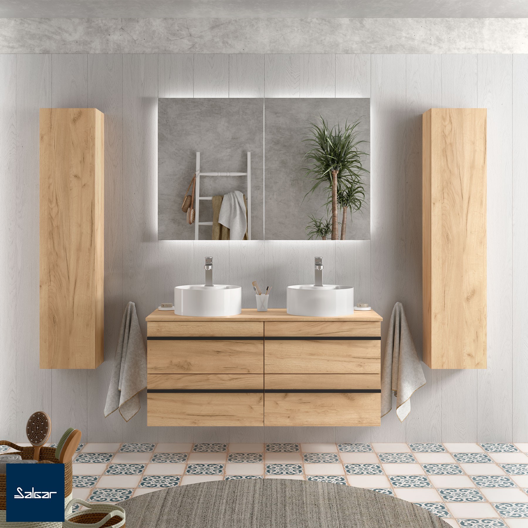 Meuble salle de bain NOJA 1200 6 tiroirs BLUE SATIN Vasque Miroir Applique