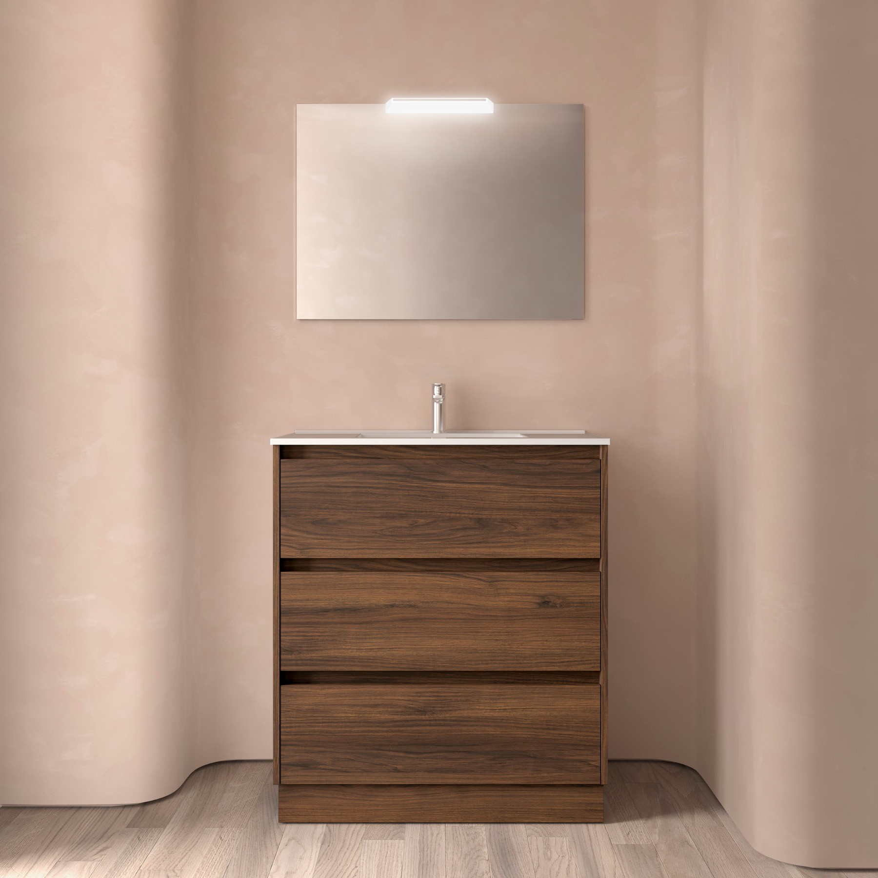 2025 moderne lumière luxe noyer salle de bain armoire ensemble étanche contrepla