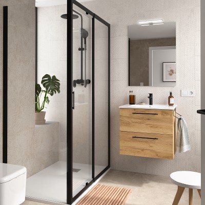 Set Completo Mobili Bagno 50 Cm Con Lavabo E Specchio, Armadi Con Soft-Close, Rovere