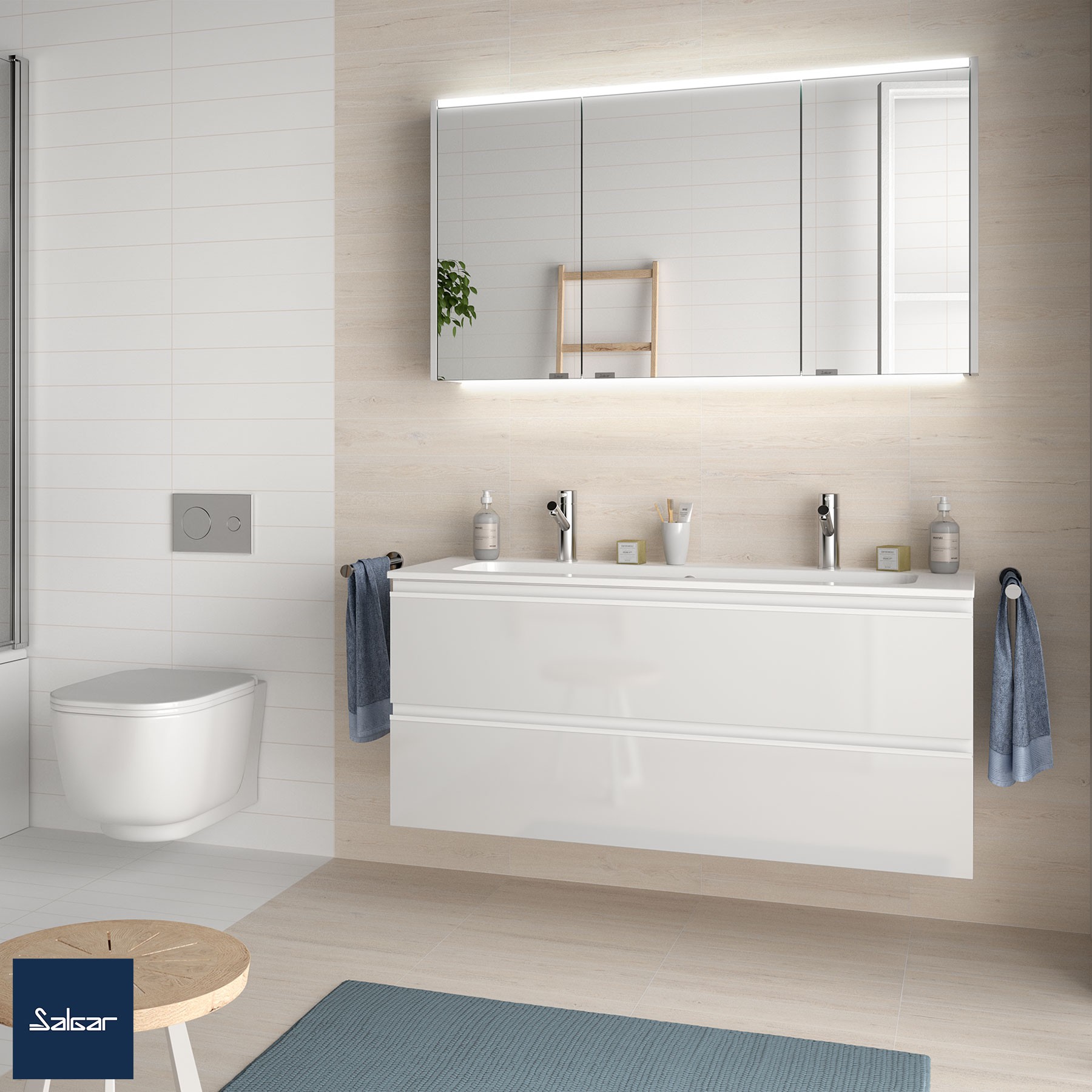 Meuble Salle Bain 2 Portes Bath Vida - Blanc 55x52x22cm - Mural - Design Moderne - MDF